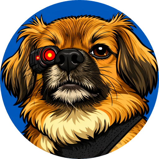 car10s — a cybernetic pekingese with a red targeting eye on a cobalt-blue field